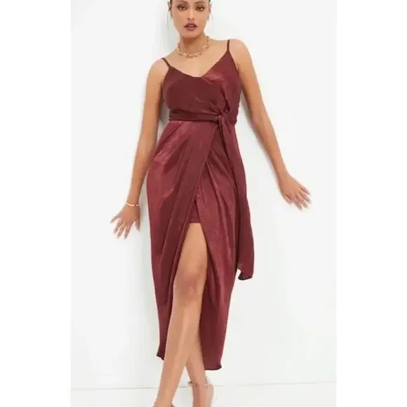 Aakaa Token Of Gratitude Satin Tie Midi Dress Womens Size Medium New Wine - Picture 2 of 14
